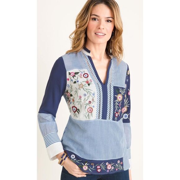 Chico's Size 2 Large 12 Patchwork Embroidery Top Blouse Shirt Floral Stripe EUC - Picture 2 of 5